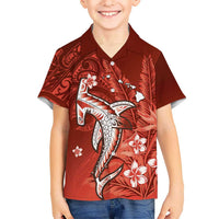 Personalized Hawaiian Maori Hammerhead Shark Family Matching Off Shoulder Short Dress and Hawaiian Shirt Ulaula Plumeria LT9 Son's Shirt Red - Polynesian Pride