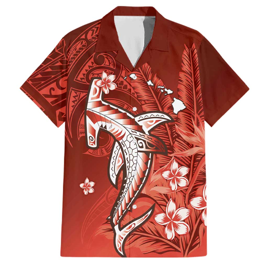 Personalized Hawaiian Maori Hammerhead Shark Family Matching Short Sleeve Bodycon Dress and Hawaiian Shirt Ulaula Plumeria LT9 Dad's Shirt - Short Sleeve Red - Polynesian Pride