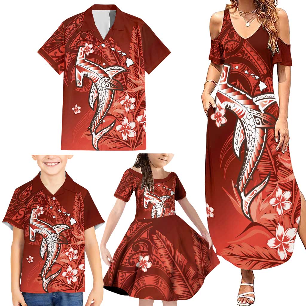 Personalized Hawaiian Maori Hammerhead Shark Family Matching Summer Maxi Dress and Hawaiian Shirt Ulaula Plumeria LT9 - Polynesian Pride