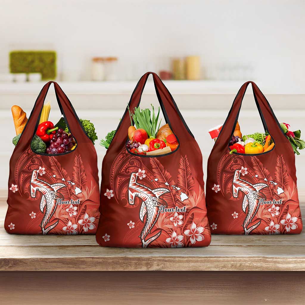 Personalized Hawaiian Maori Hammerhead Shark Grocery Bag Ulaula Plumeria - Polynesian Pride