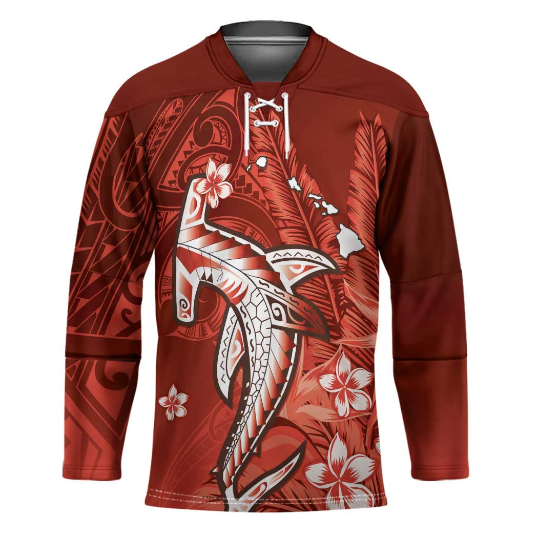 Personalized Hawaiian Maori Hammerhead Shark Hockey Jersey Ulaula Plumeria - Polynesian Pride