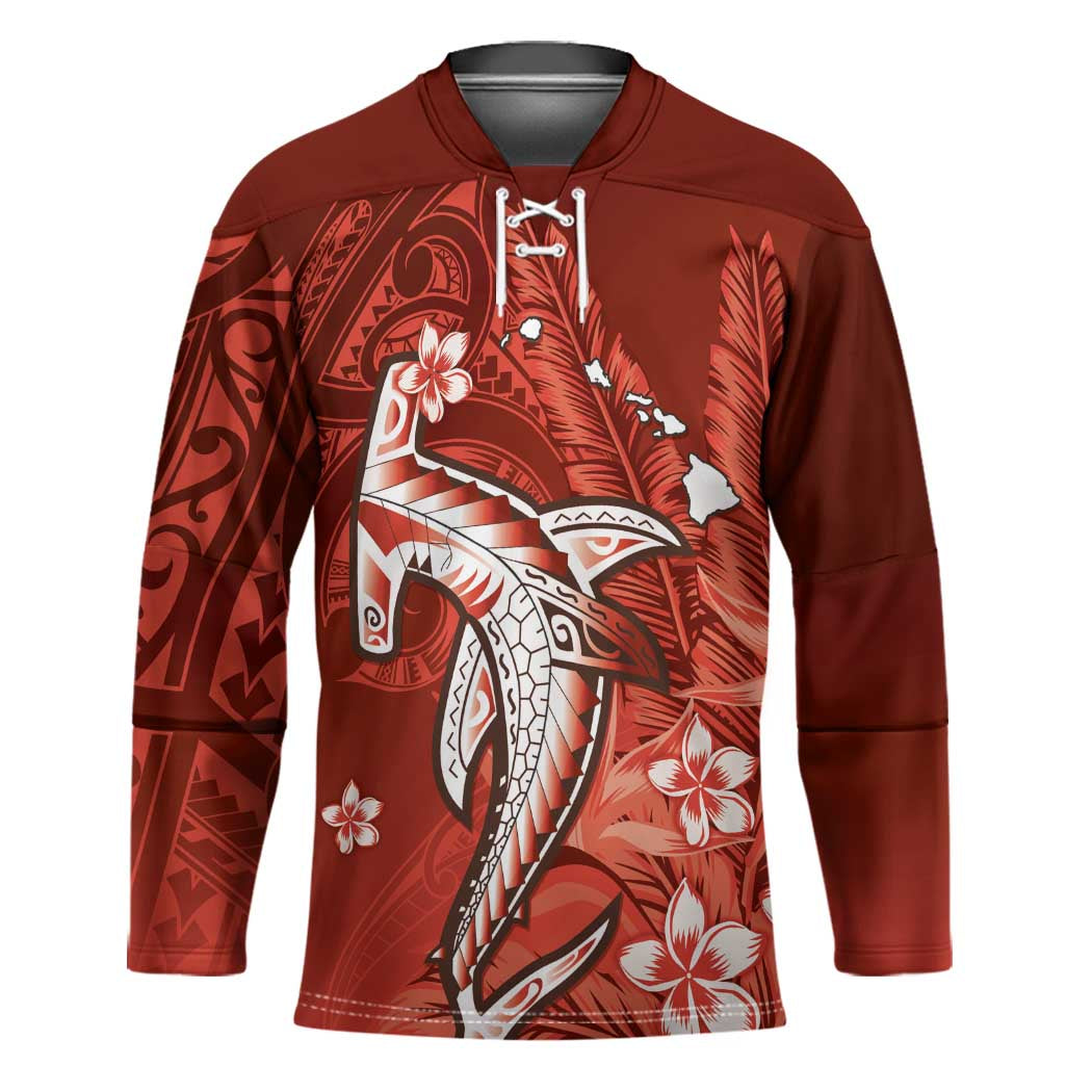 Personalized Hawaiian Maori Hammerhead Shark Hockey Jersey Ulaula Plumeria - Polynesian Pride