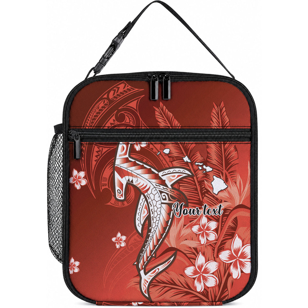 Personalized Hawaiian Maori Hammerhead Shark Lunch Bag Ulaula Plumeria LT9 10.2 × 8.3 × 4.3 inch Red - Polynesian Pride