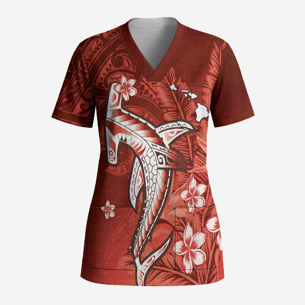 Personalized Hawaiian Maori Hammerhead Shark Scrub Top Ulaula Plumeria - Polynesian Pride