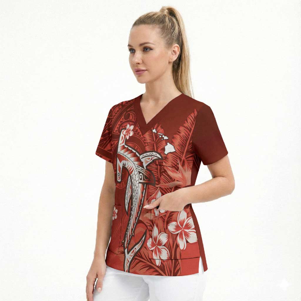 Personalized Hawaiian Maori Hammerhead Shark Scrub Top Ulaula Plumeria - Polynesian Pride