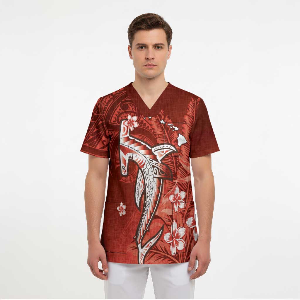 Personalized Hawaiian Maori Hammerhead Shark Scrub Top Ulaula Plumeria - Polynesian Pride