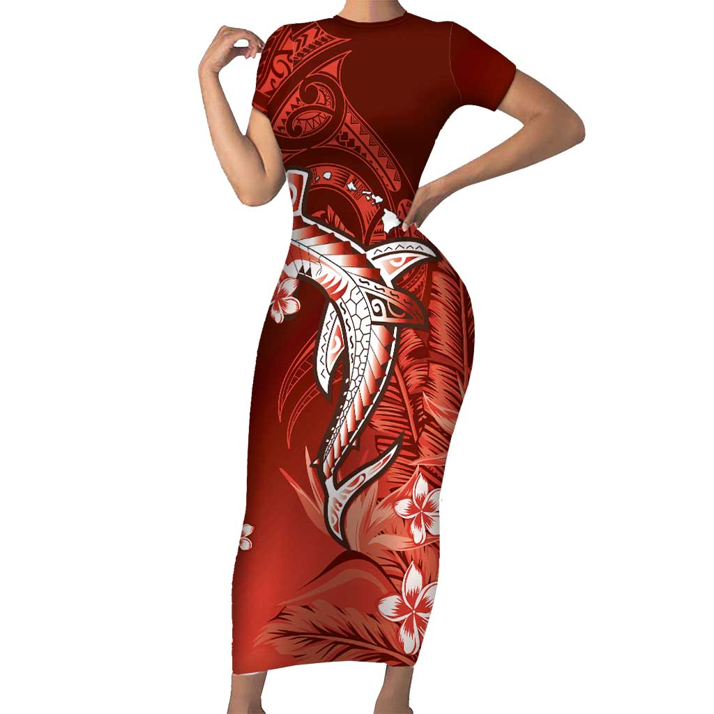 Personalized Hawaiian Maori Hammerhead Shark Short Sleeve Bodycon Dress Ulaula Plumeria LT9 Long Dress Red - Polynesian Pride