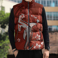 Personalized Hawaiian Maori Hammerhead Shark Sleeveless Puffer Jacket Ulaula Plumeria - Polynesian Pride
