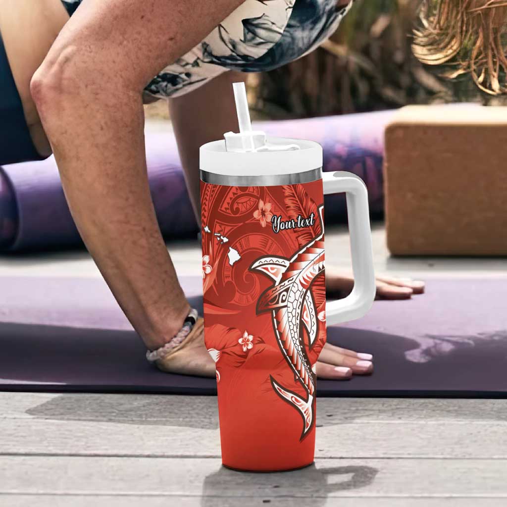 Personalized Hawaiian Maori Hammerhead Shark Tumbler With Handle Ulaula Plumeria - Polynesian Pride