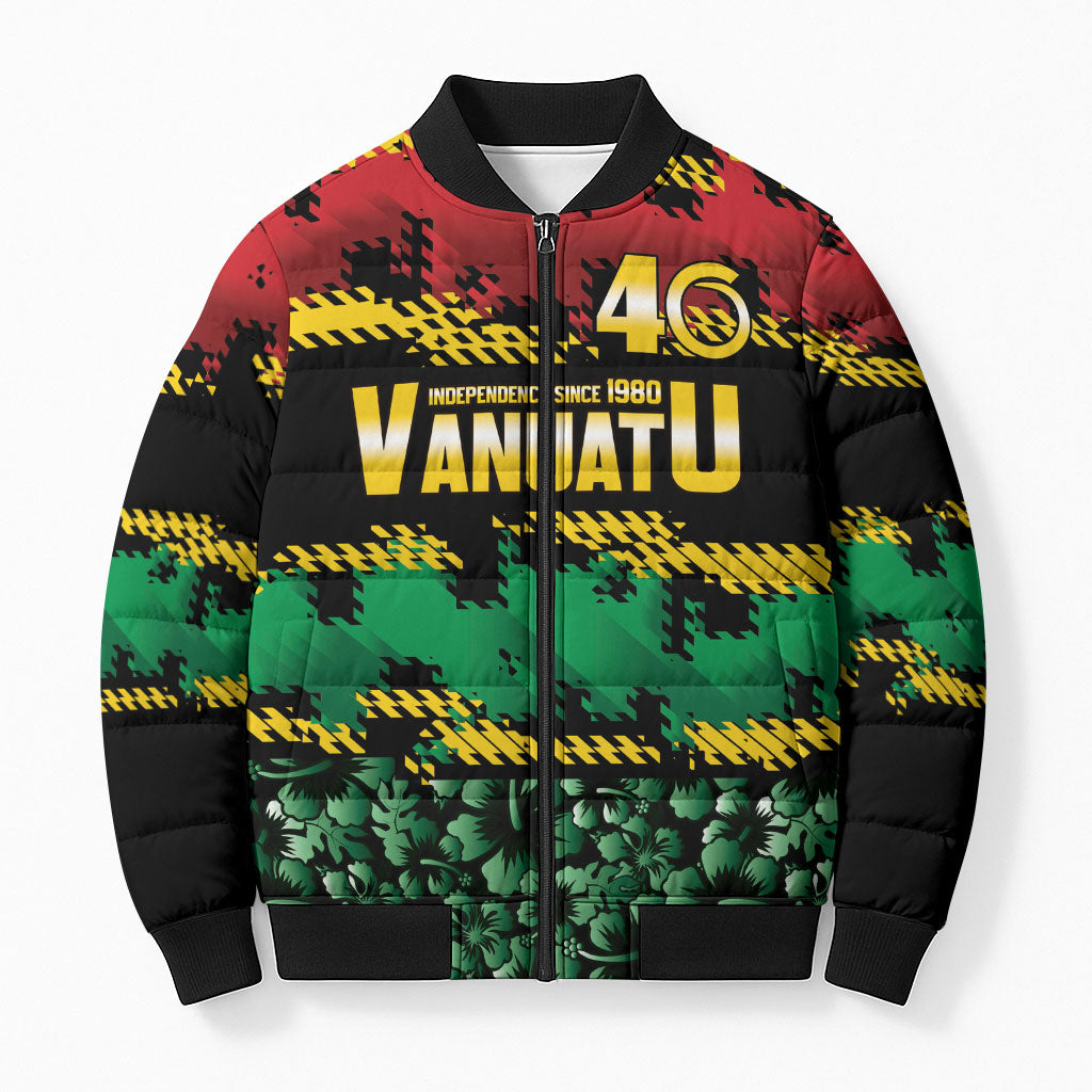 Vanuatu 46th Year Anniversary Bomber Puffer Jacket 30 July 1980 Hibiscus Seamless Pattern