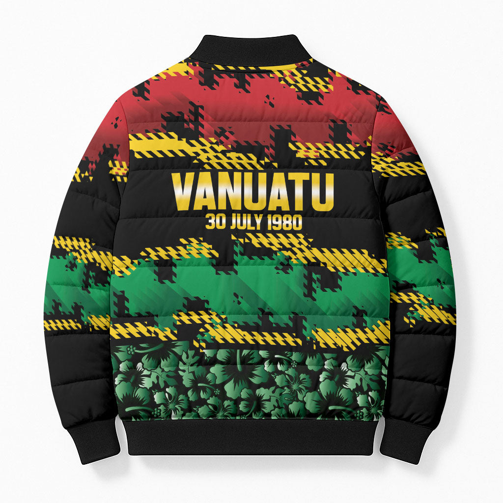 Vanuatu 46th Year Anniversary Bomber Puffer Jacket 30 July 1980 Hibiscus Seamless Pattern