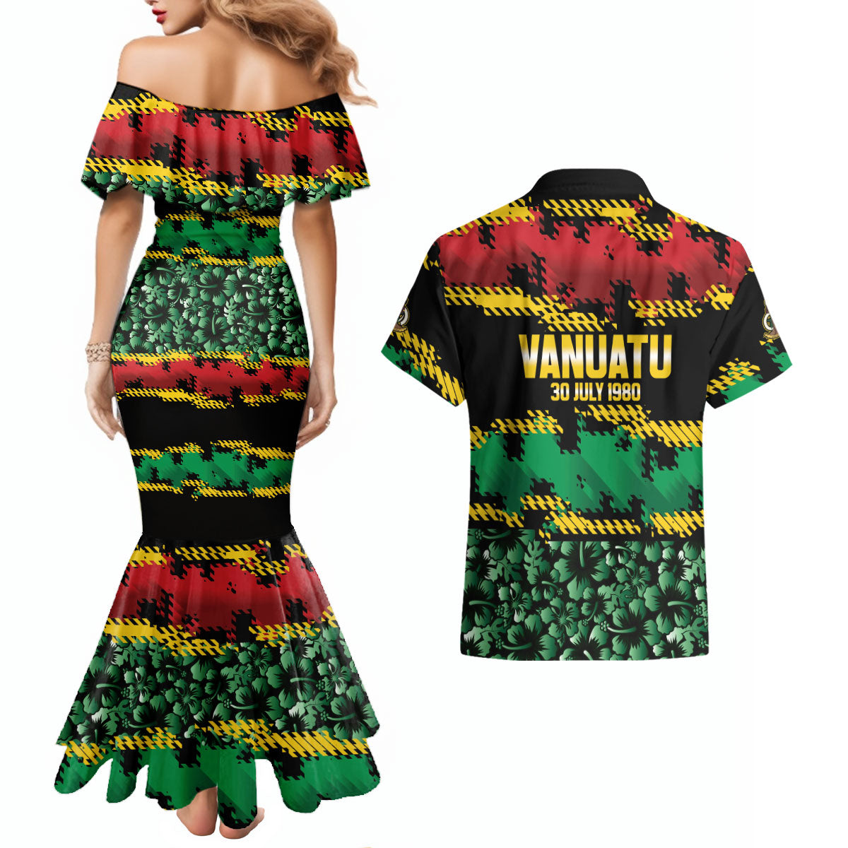 Vanuatu 46th Year Anniversary Couples Matching Mermaid Dress and Hawaiian Shirt 30 July 1980 Hibiscus Seamless Pattern