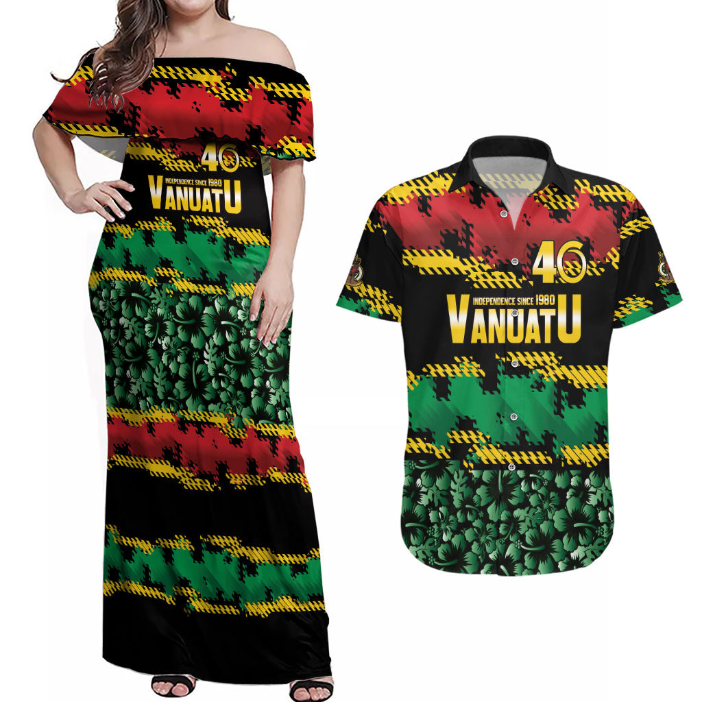Vanuatu 46th Year Anniversary Couples Matching Off Shoulder Maxi Dress and Hawaiian Shirt 30 July 1980 Hibiscus Seamless Pattern