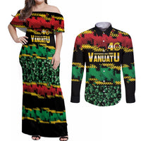 Vanuatu 46th Year Anniversary Couples Matching Off Shoulder Maxi Dress and Long Sleeve Button Shirt 30 July 1980 Hibiscus Seamless Pattern