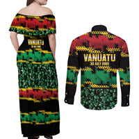 Vanuatu 46th Year Anniversary Couples Matching Off Shoulder Maxi Dress and Long Sleeve Button Shirt 30 July 1980 Hibiscus Seamless Pattern