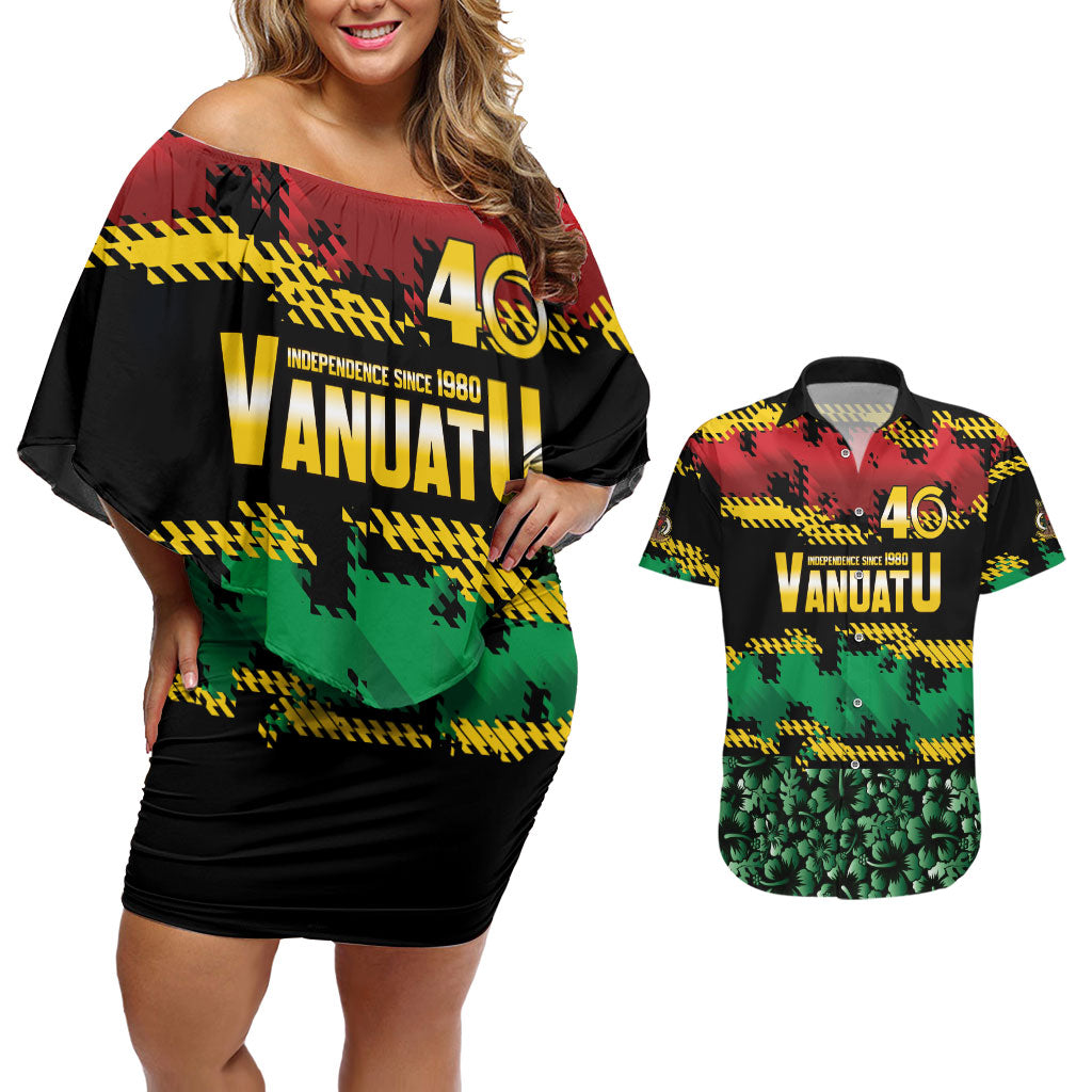 Vanuatu 46th Year Anniversary Couples Matching Off Shoulder Short Dress and Hawaiian Shirt 30 July 1980 Hibiscus Seamless Pattern