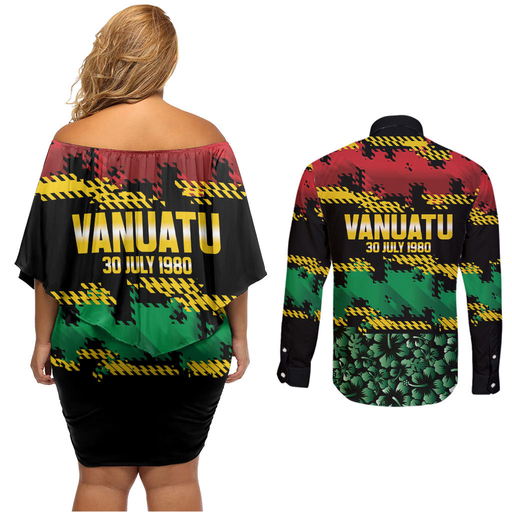 Vanuatu 46th Year Anniversary Couples Matching Off Shoulder Short Dress and Long Sleeve Button Shirt 30 July 1980 Hibiscus Seamless Pattern