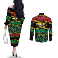 Vanuatu 46th Year Anniversary Couples Matching Off The Shoulder Long Sleeve Dress and Long Sleeve Button Shirt 30 July 1980 Hibiscus Seamless Pattern