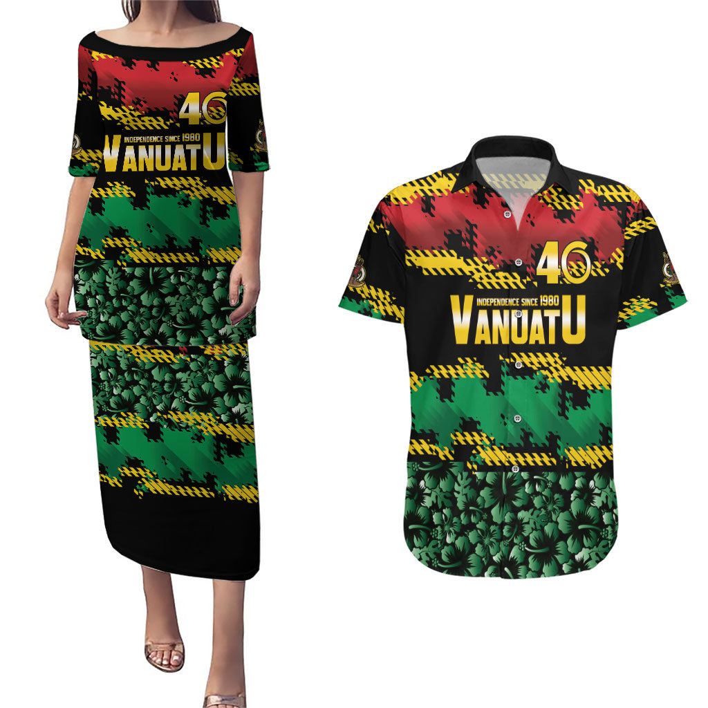 Vanuatu 46th Year Anniversary Couples Matching Puletasi and Hawaiian Shirt 30 July 1980 Hibiscus Seamless Pattern
