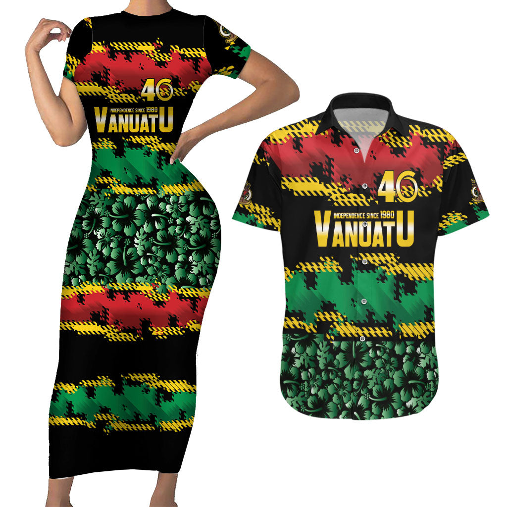 Vanuatu 46th Year Anniversary Couples Matching Short Sleeve Bodycon Dress and Hawaiian Shirt 30 July 1980 Hibiscus Seamless Pattern