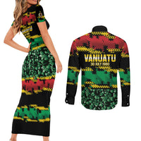 Vanuatu 46th Year Anniversary Couples Matching Short Sleeve Bodycon Dress and Long Sleeve Button Shirt 30 July 1980 Hibiscus Seamless Pattern