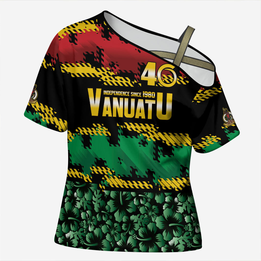 Vanuatu 46th Year Anniversary Cross Shoulder Shirt 30 July 1980 Hibiscus Seamless Pattern