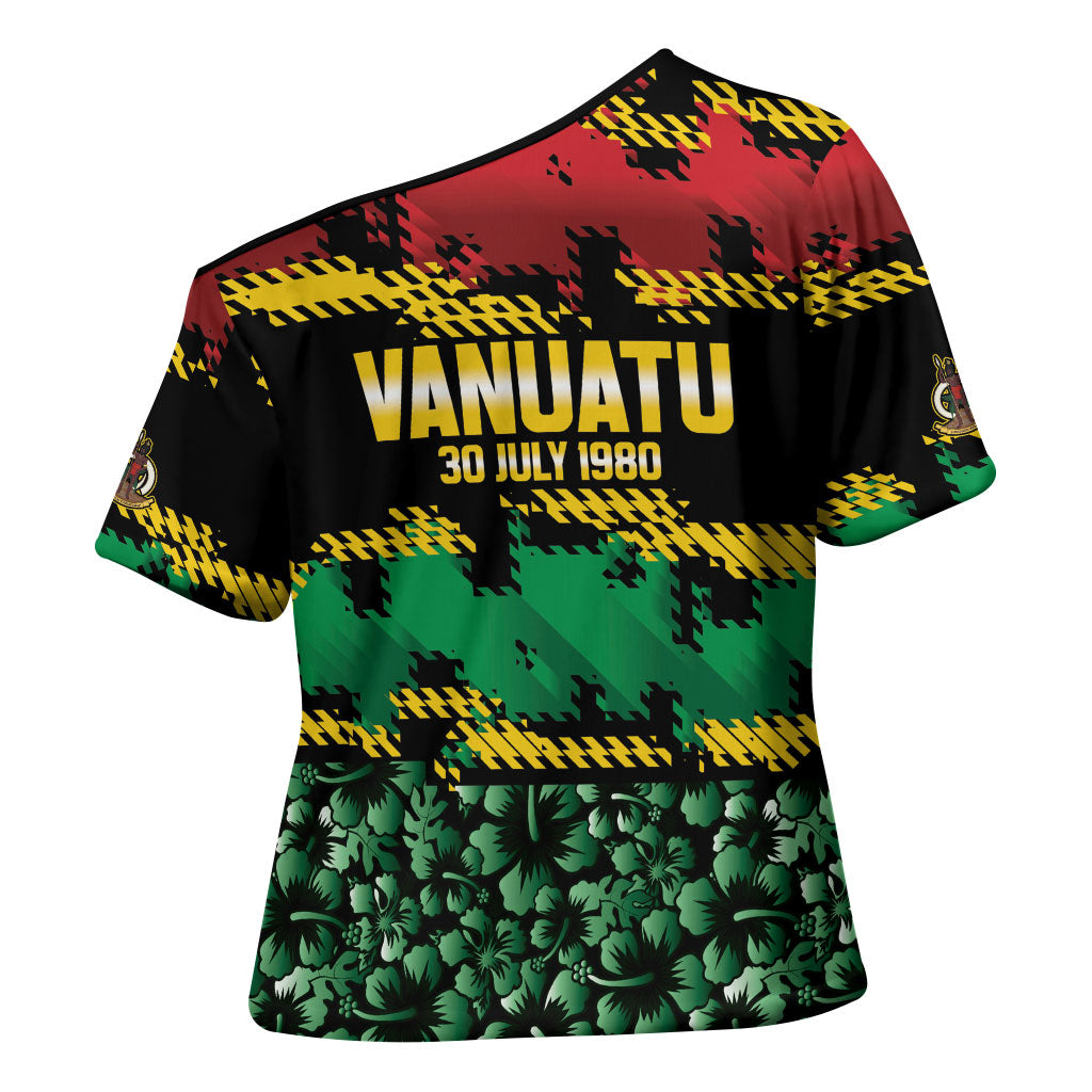 Vanuatu 46th Year Anniversary Cross Shoulder Shirt 30 July 1980 Hibiscus Seamless Pattern