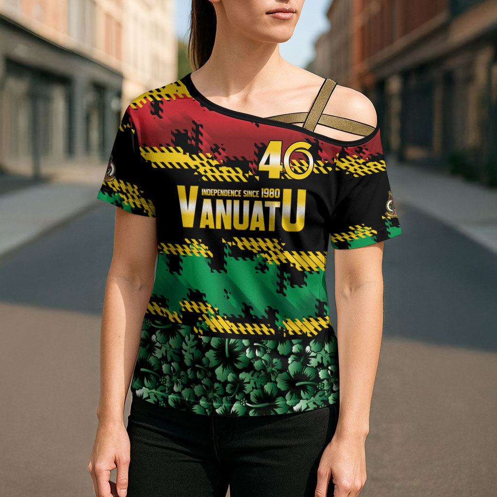 Vanuatu 46th Year Anniversary Cross Shoulder Shirt 30 July 1980 Hibiscus Seamless Pattern