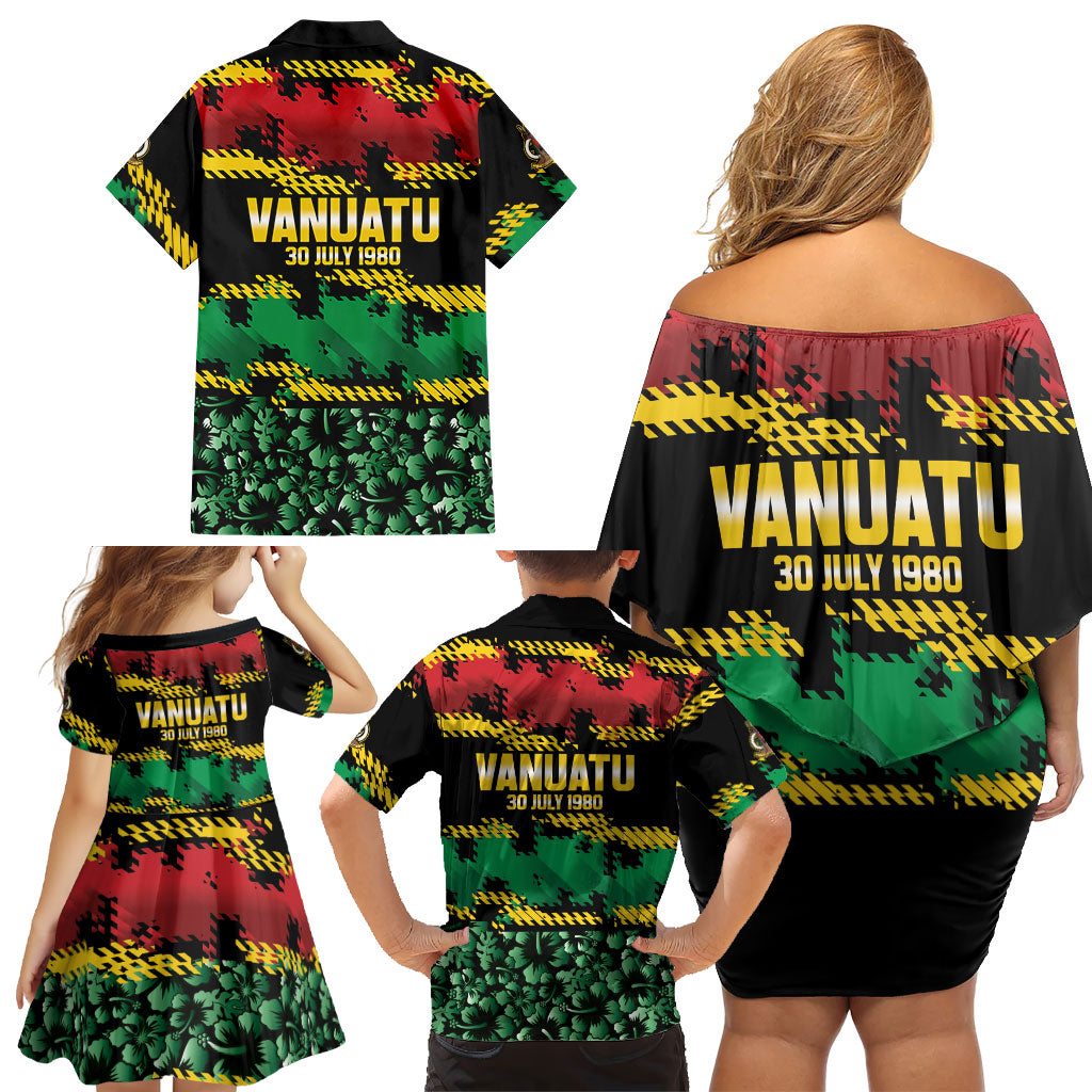 Vanuatu 46th Year Anniversary Family Matching Off Shoulder Short Dress and Hawaiian Shirt 30 July 1980 Hibiscus Seamless Pattern LT9 - Polynesian Pride