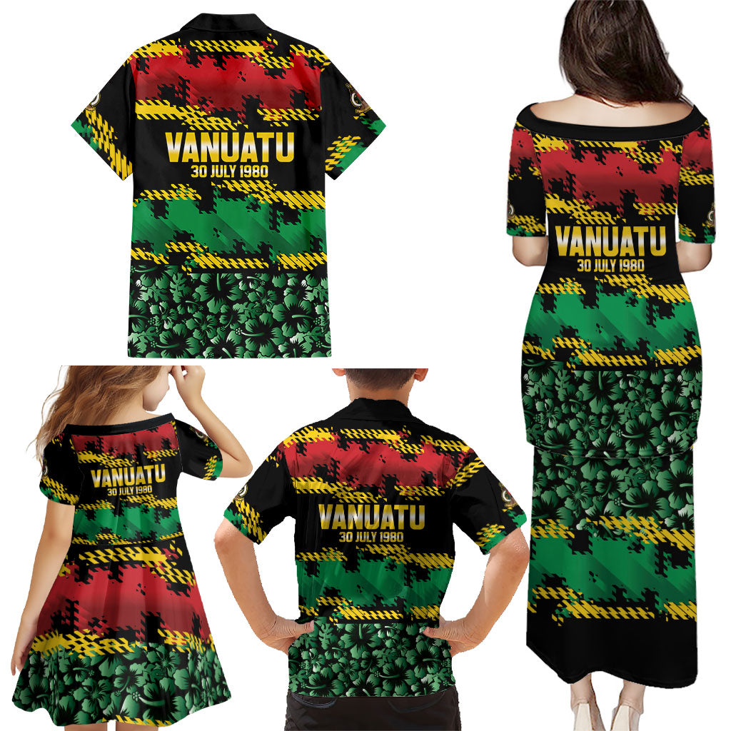 Vanuatu 46th Year Anniversary Family Matching Puletasi and Hawaiian Shirt 30 July 1980 Hibiscus Seamless Pattern