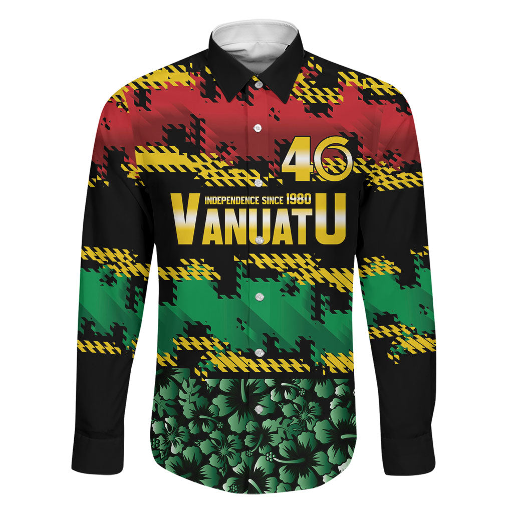 Vanuatu 46th Year Anniversary Family Matching Summer Maxi Dress and Hawaiian Shirt 30 July 1980 Hibiscus Seamless Pattern LT9 Dad's Shirt - Long Sleeve Black - Polynesian Pride