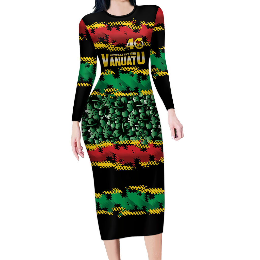 Vanuatu 46th Year Anniversary Long Sleeve Bodycon Dress 30 July 1980 Hibiscus Seamless Pattern