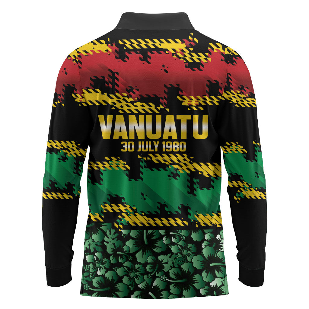 Vanuatu 46th Year Anniversary Long Sleeve Polo Shirt 30 July 1980 Hibiscus Seamless Pattern