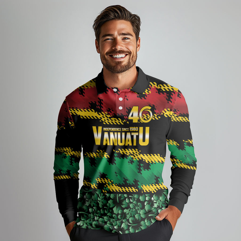 Vanuatu 46th Year Anniversary Long Sleeve Polo Shirt 30 July 1980 Hibiscus Seamless Pattern