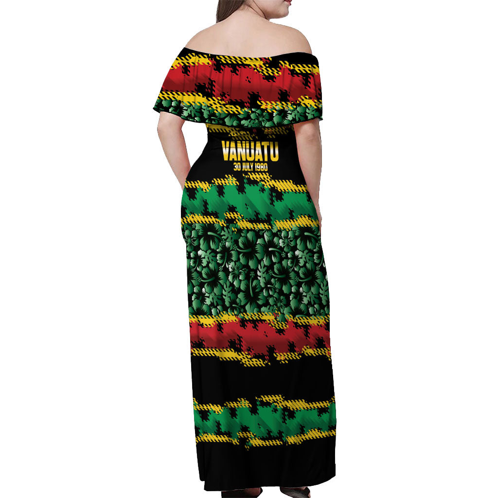 Vanuatu 46th Year Anniversary Off Shoulder Maxi Dress 30 July 1980 Hibiscus Seamless Pattern