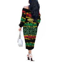 Vanuatu 46th Year Anniversary Off The Shoulder Long Sleeve Dress 30 July 1980 Hibiscus Seamless Pattern