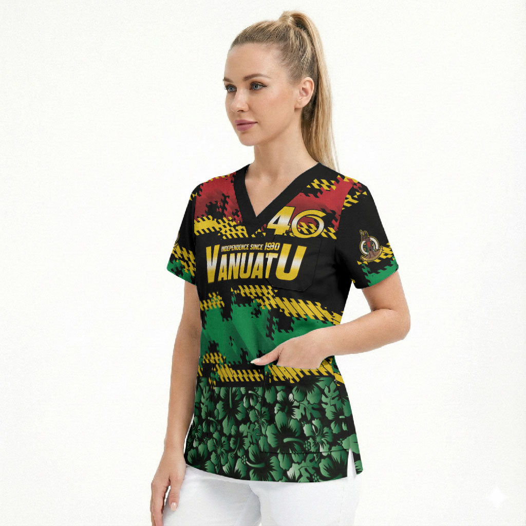 Vanuatu 46th Year Anniversary Scrub Top 30 July 1980 Hibiscus Seamless Pattern