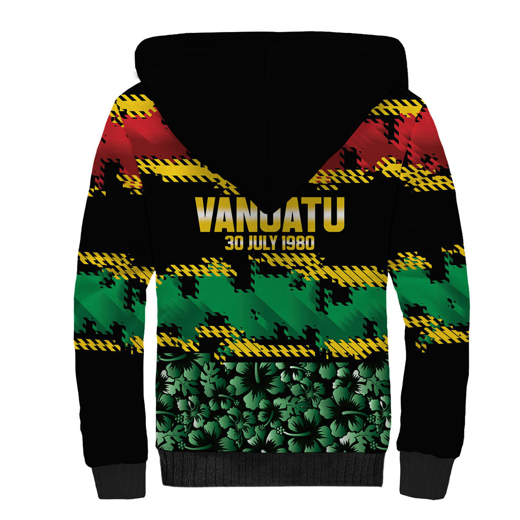 Vanuatu 46th Year Anniversary Sherpa Hoodie 30 July 1980 Hibiscus Seamless Pattern