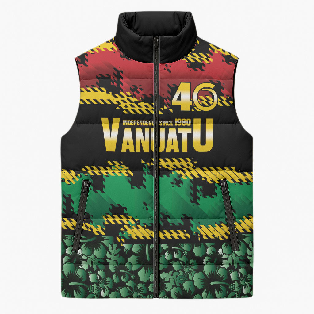 Vanuatu 46th Year Anniversary Sleeveless Puffer Jacket 30 July 1980 Hibiscus Seamless Pattern
