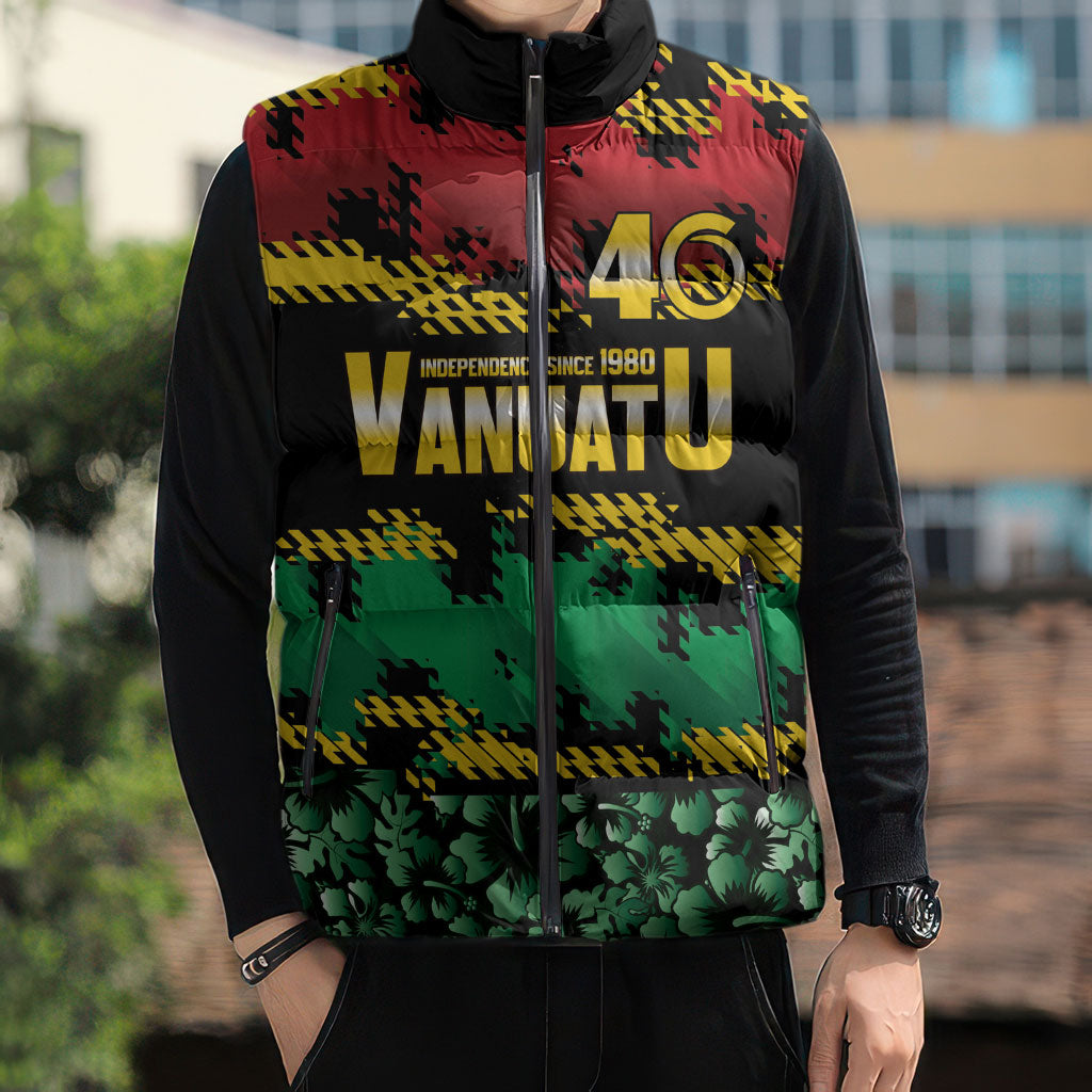 Vanuatu 46th Year Anniversary Sleeveless Puffer Jacket 30 July 1980 Hibiscus Seamless Pattern
