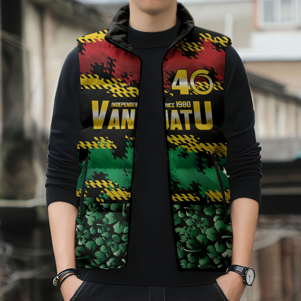 Vanuatu 46th Year Anniversary Sleeveless Puffer Jacket 30 July 1980 Hibiscus Seamless Pattern