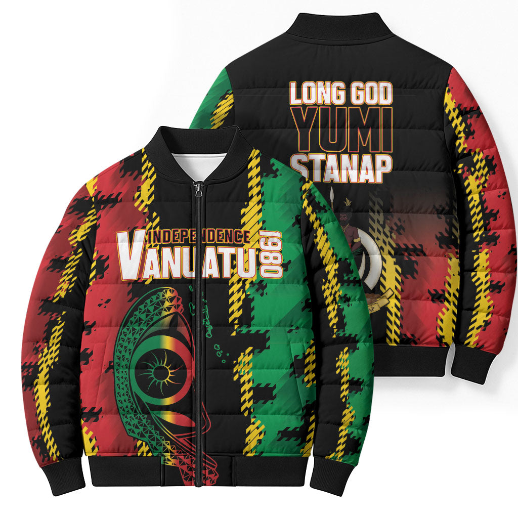 Vanuatu 46th Year Anniversary Bomber Puffer Jacket Tamtam Slit Drums Long God Yumi Stanap