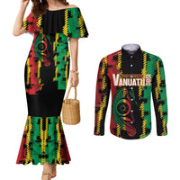 Vanuatu 46th Year Anniversary Couples Matching Mermaid Dress and Long Sleeve Button Shirt Tamtam Slit Drums Long God Yumi Stanap LT9 Black - Polynesian Pride