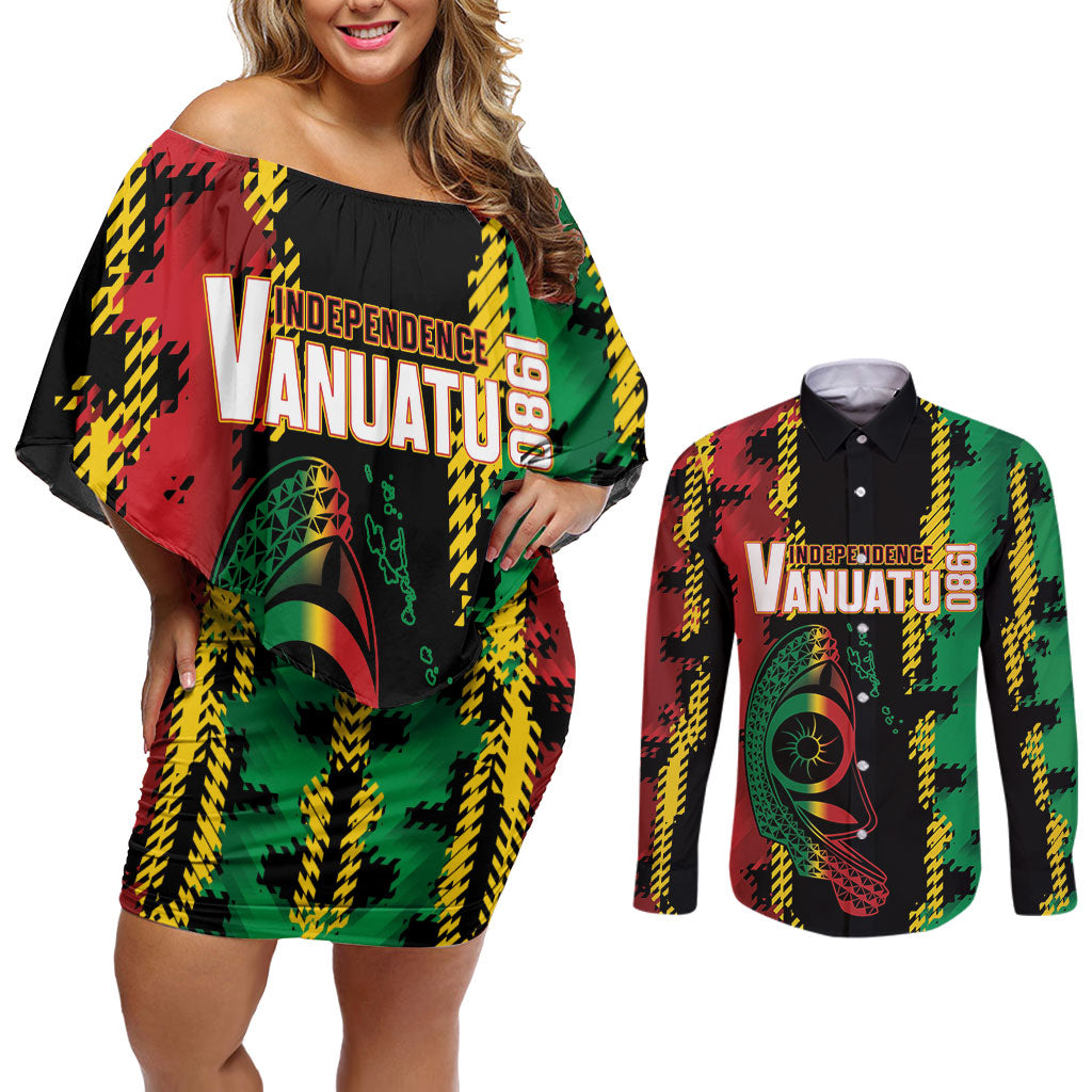 Vanuatu 46th Year Anniversary Couples Matching Off Shoulder Short Dress and Long Sleeve Button Shirt Tamtam Slit Drums Long God Yumi Stanap