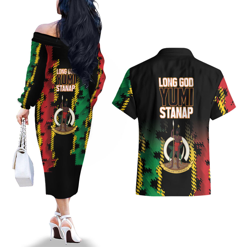 Vanuatu 46th Year Anniversary Couples Matching Off The Shoulder Long Sleeve Dress and Hawaiian Shirt Tamtam Slit Drums Long God Yumi Stanap LT9 - Polynesian Pride