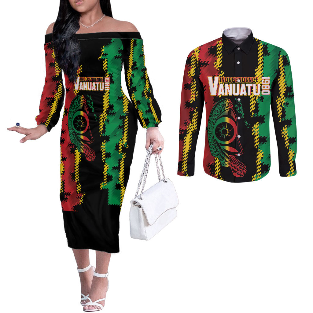 Vanuatu 46th Year Anniversary Couples Matching Off The Shoulder Long Sleeve Dress and Long Sleeve Button Shirt Tamtam Slit Drums Long God Yumi Stanap LT9 Black - Polynesian Pride