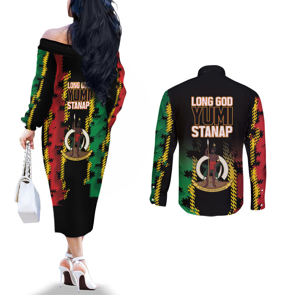 Vanuatu 46th Year Anniversary Couples Matching Off The Shoulder Long Sleeve Dress and Long Sleeve Button Shirt Tamtam Slit Drums Long God Yumi Stanap LT9 - Polynesian Pride