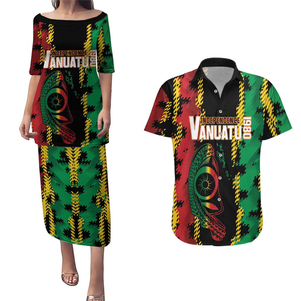 Vanuatu 46th Year Anniversary Couples Matching Puletasi and Hawaiian Shirt Tamtam Slit Drums Long God Yumi Stanap