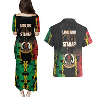 Vanuatu 46th Year Anniversary Couples Matching Puletasi and Hawaiian Shirt Tamtam Slit Drums Long God Yumi Stanap