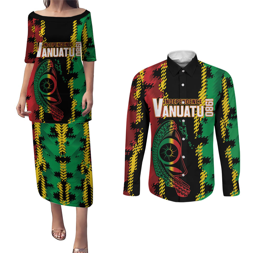 Vanuatu 46th Year Anniversary Couples Matching Puletasi and Long Sleeve Button Shirt Tamtam Slit Drums Long God Yumi Stanap